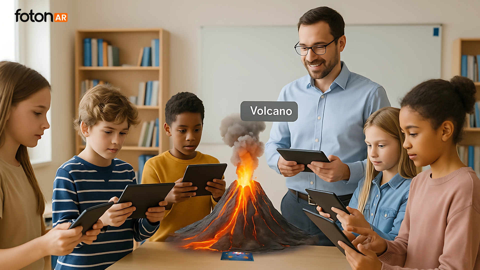 Students using AR tablets to explore a volcano model